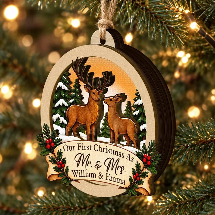 Personalized Wooden Ornament with Deer Facing Each Other in a Snowy Forest, Unique Christmas Gift for Newlyweds