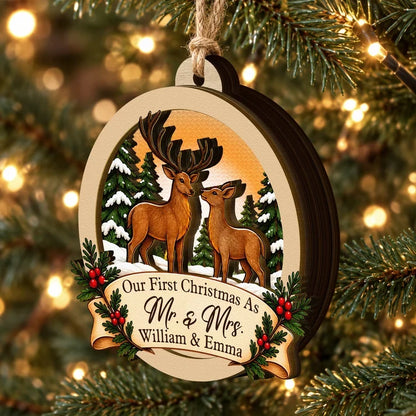 Personalized Wooden Ornament with Deer Facing Each Other in a Snowy Forest, Unique Christmas Gift for Newlyweds