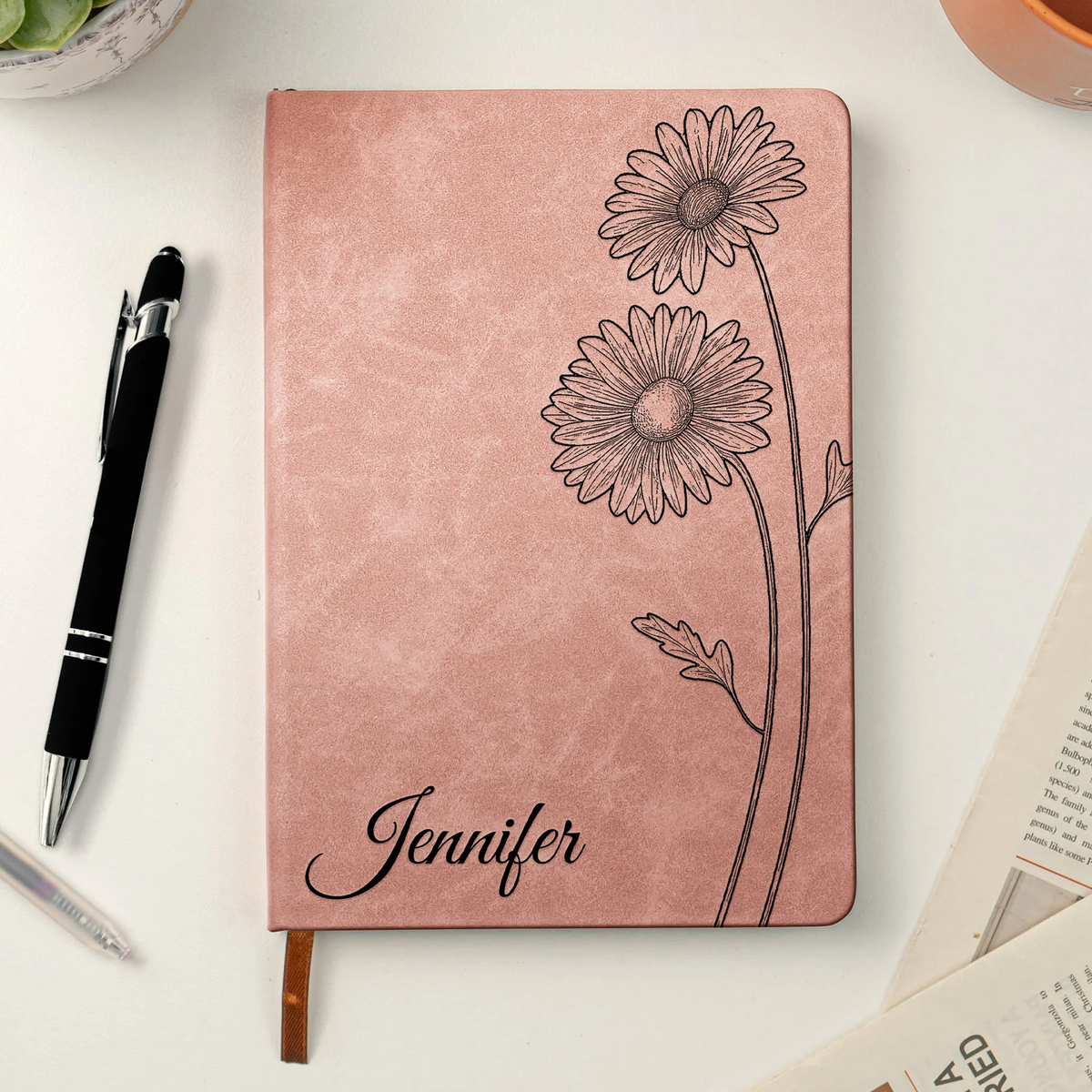 Personalized Leather Journal with Birth Flower Design – Custom Name Notebook Keepsake, Thoughtful Unique Gift for Her