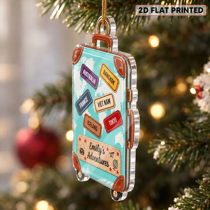 Personalized Acrylic Ornament, Turquoise Suitcase World Map Keepsake, Unique Travel Gift for Travelers