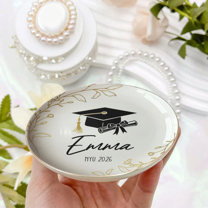 Personalized Round Jewelry Dish with Graduation Cap & Diploma, Unique Gift for Her Vanity