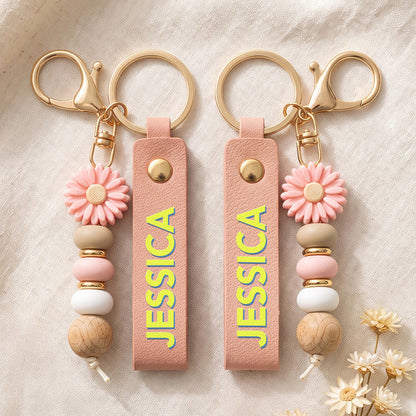 Personalized PU Leather Daisy Keychain, Cheerful Earth Tone Keepsake, Creative Gift for Daughter, Teacher or Coworker