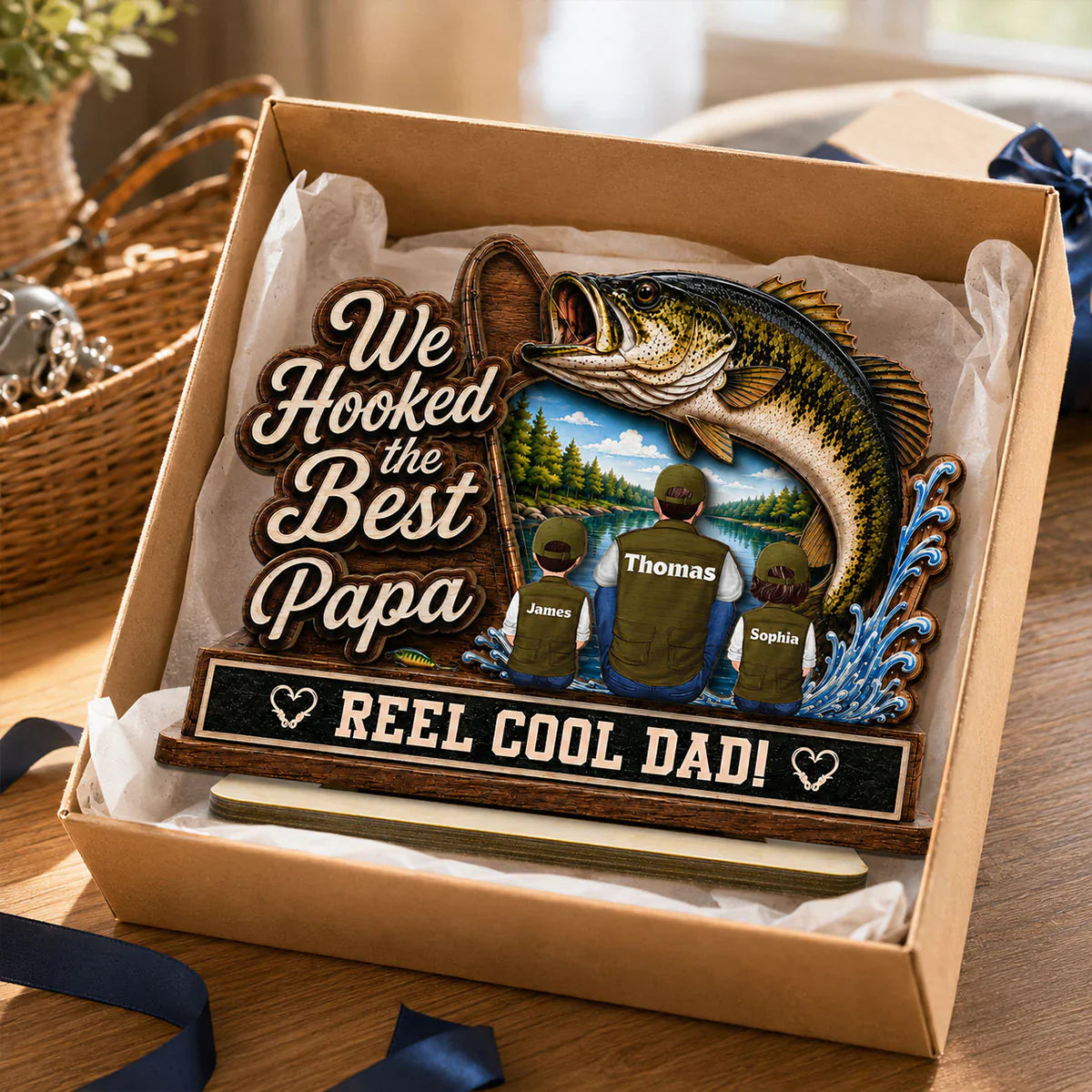 We Hooked the Best Papa 2-Layer Wooden Plaque, Warm Family Lake Scene, Creative Gift for Dad
