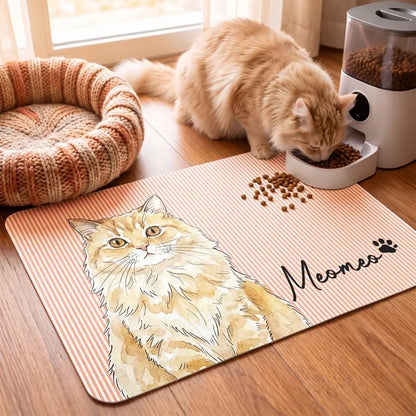 Custom Flannel Pet Mat with Watercolor Portrait for a Dog by Feeding Bowls, Creative Gift for Pet Owners