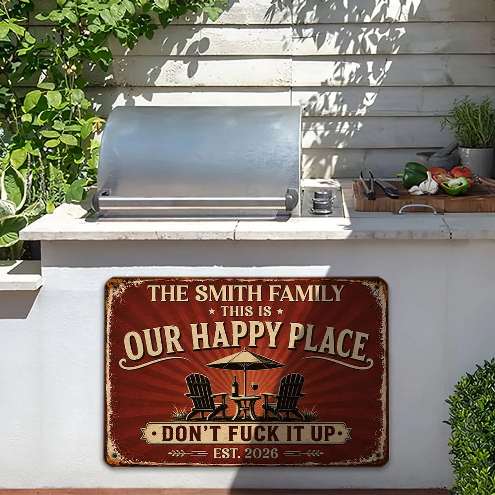 Custom Happy Place Rectangular Iron Sign, Personalized Backyard Decor, Unique Gift for Family