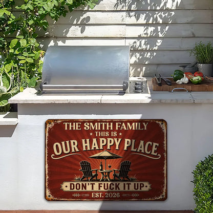 Custom Happy Place Rectangular Iron Sign, Personalized Backyard Decor, Unique Gift for Family
