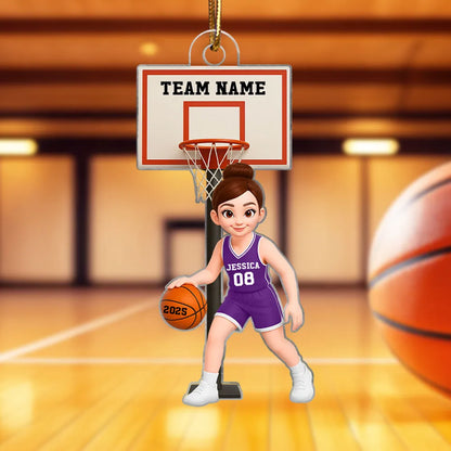 Acrylic Ornament, Cute Basketball Girl Dribbling on Indoor Court, Personalized, Creative Gift for Daughter, Player, or Coach