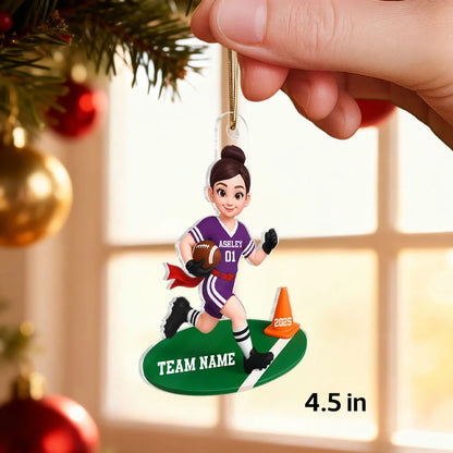 Acrylic Ornament Personalized Flag Football Kid Running on Field, Unique Christmas Tree Gift for Son