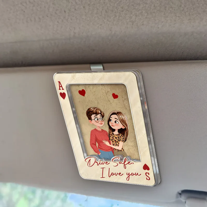 Personalized Acrylic Car Visor Clip Vintage Playing Card Couple Hugging, Drive Safe Handsome I love you, Unique Gift for Him