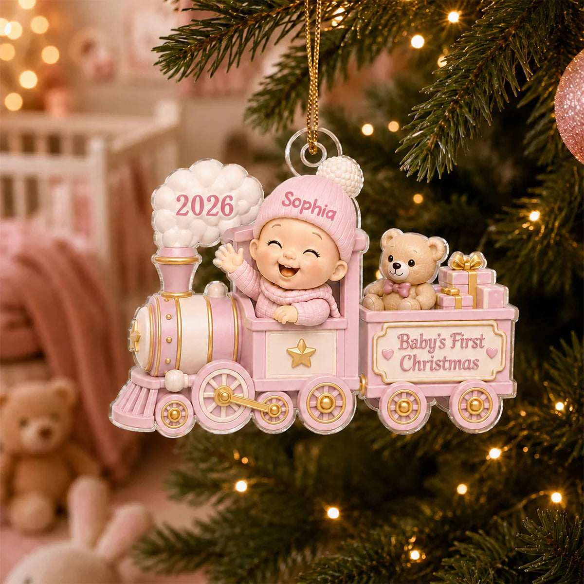 Personalized Acrylic Ornament, Waving Baby Toy Train First Christmas, Unique Gift for New Parents
