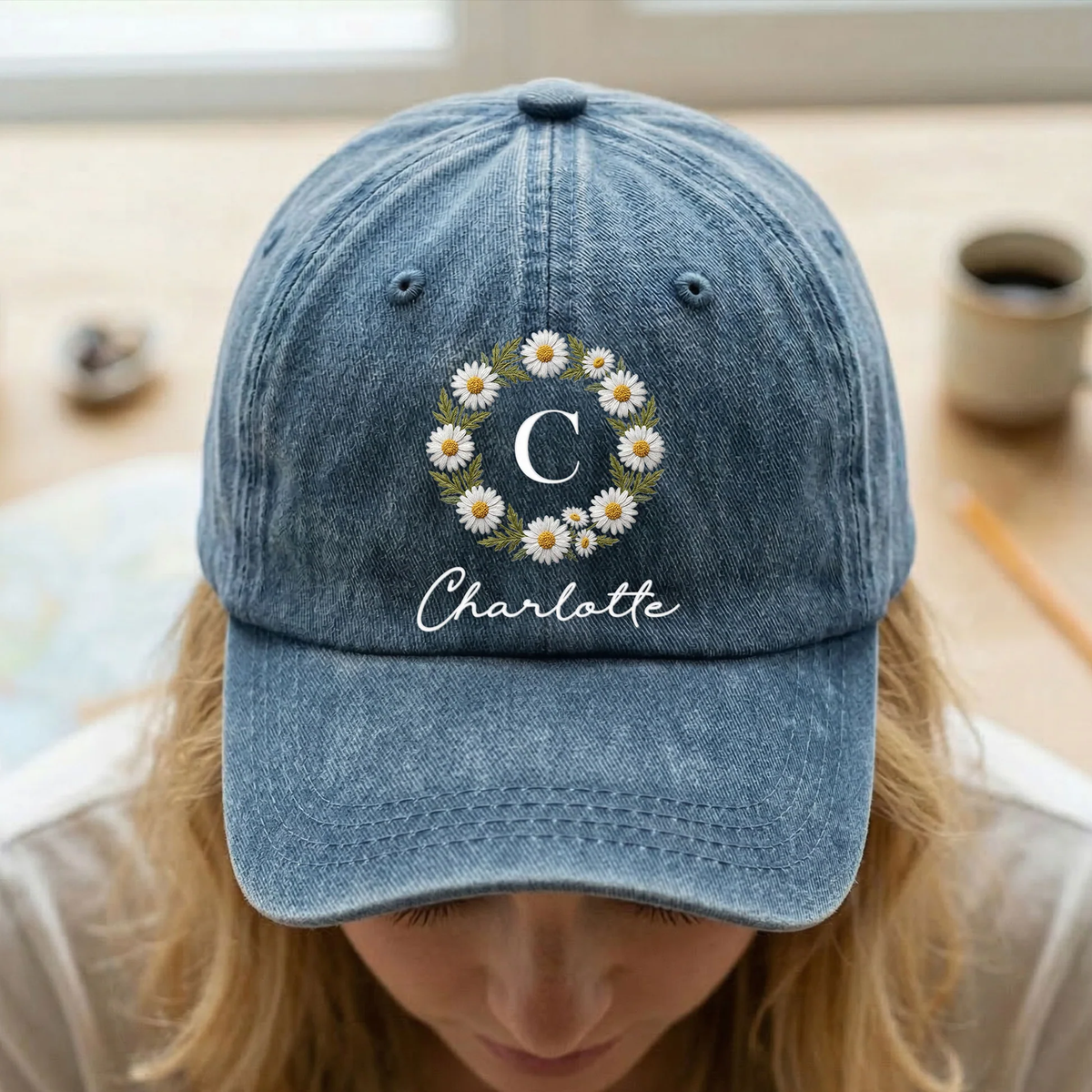 Washed Denim Baseball Cap With Custom Floral Design - Relaxed Everyday Gift For Mom Or Friend