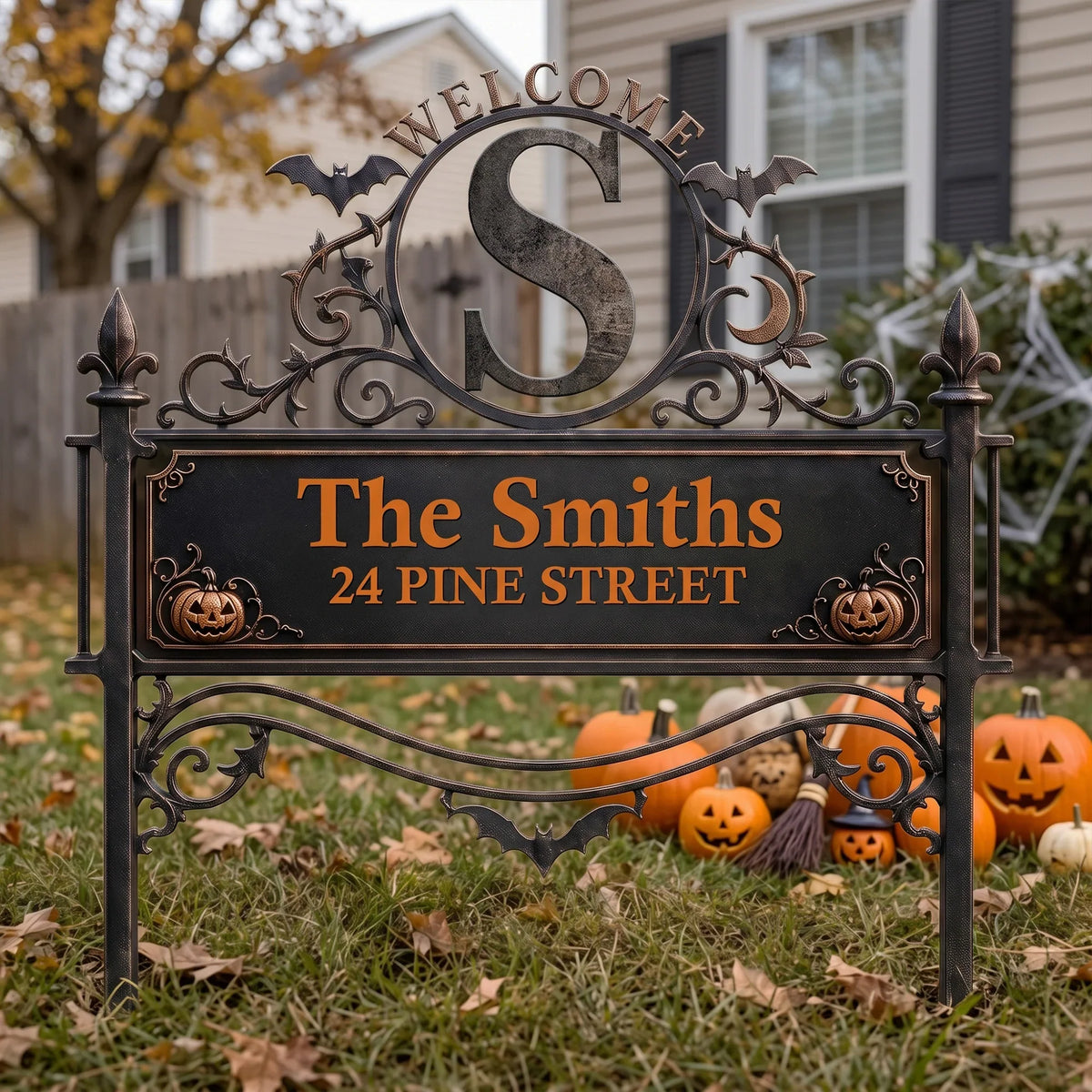 Personalized Metal Garden Stake With Welcome Monogram, Halloween Yard Decor, Unique Gift for Families