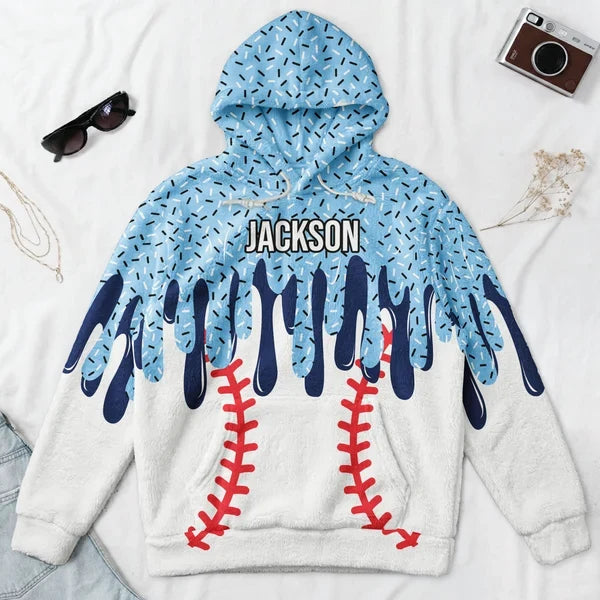 Personalized Youth Printed Flannel Hoodie, Blue Baseball Drip Art, Unique Gift for Young Players