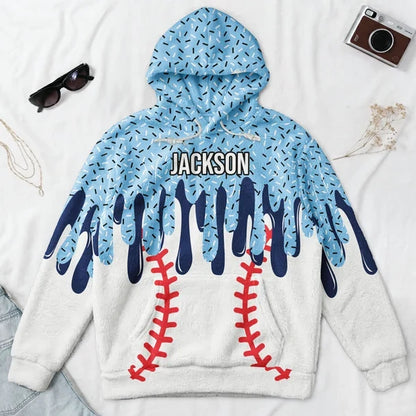 Personalized Youth Printed Flannel Hoodie, Blue Baseball Drip Art, Unique Gift for Young Players
