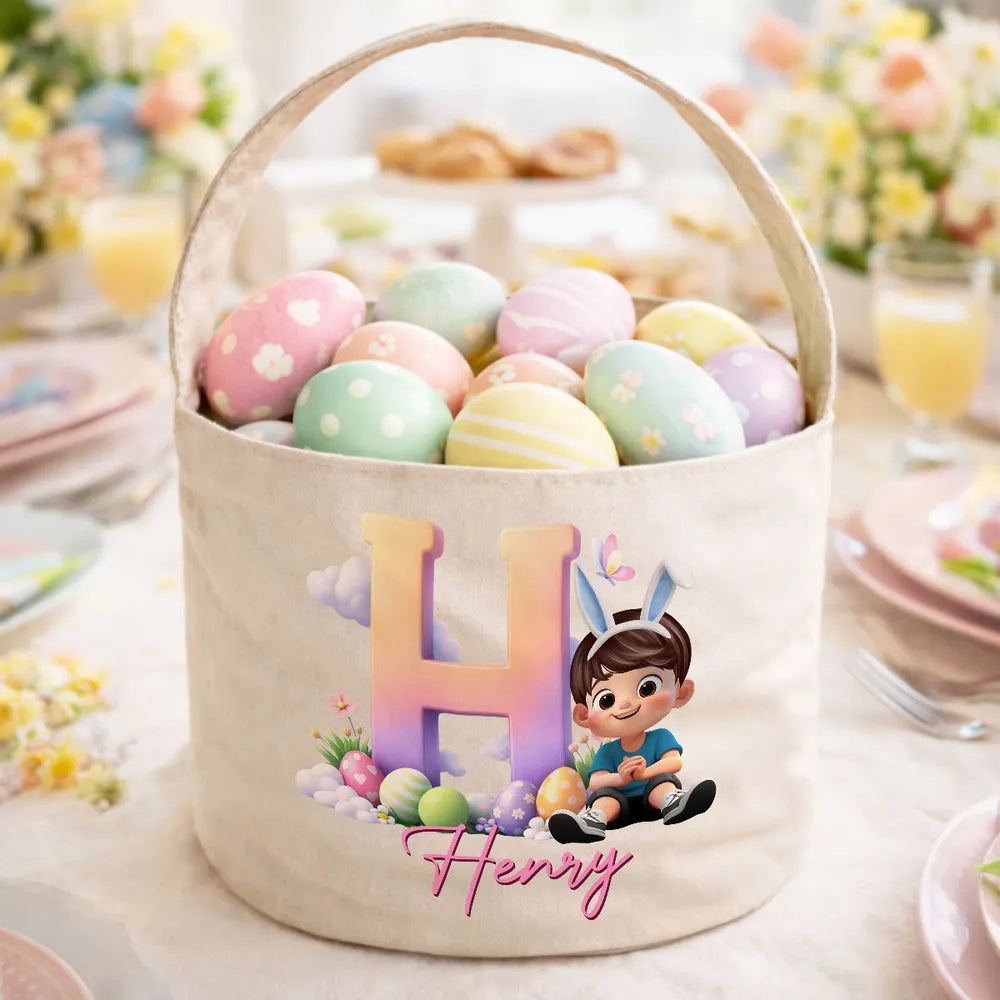 Personalized Polyester Basket Tote Easter Egg Hunt Bag With Cute Sitting Girl & Initial, Unique Gift For Kids