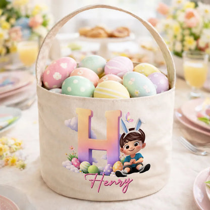 Personalized Polyester Basket Tote Easter Egg Hunt Bag With Cute Sitting Girl & Initial, Unique Gift For Kids