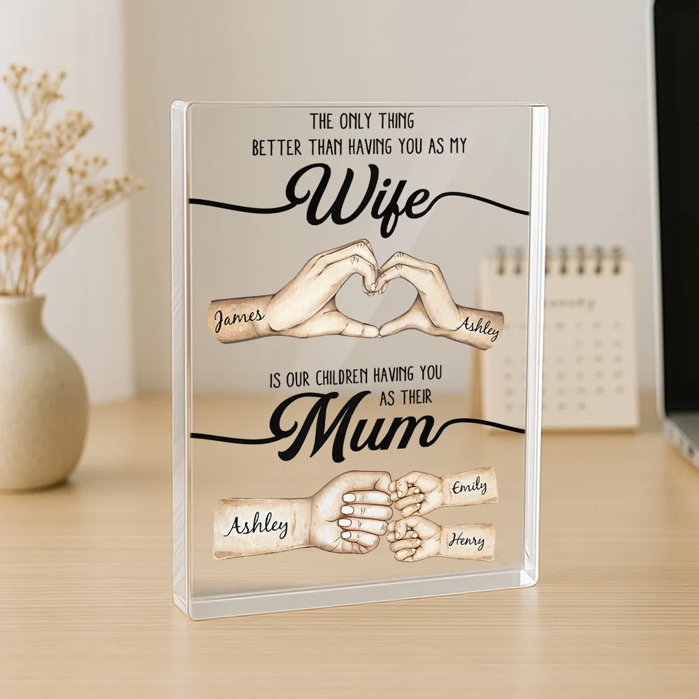 Rectangle Acrylic Block Plaque Personalized for Wife, Sweet Mom Keepsake with Hand Heart and Fist Bump Art, Unique Gift