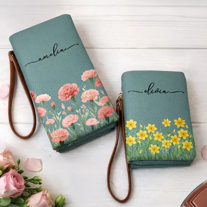 Blooming In Love Personalized Tri-Fold PU Leather Wristlet Wallet, Soft Pink Iris Wristlet, Thoughtful Gift for Her