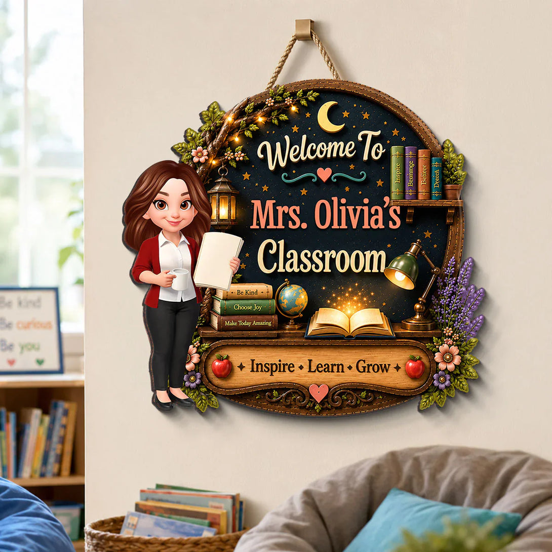 Personalized Wooden Sign with Cute Teacher Illustration, Inspire Learn ...