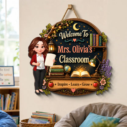Personalized Wooden Sign with Cute Teacher Illustration, Inspire Learn Grow, Unique Creative Gift for Teacher