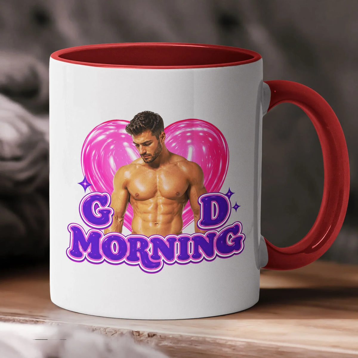 Personalized Funny Good Morning Ceramic Mug With Pink Heart & Muscle Man, Unique Creative Gift For Her