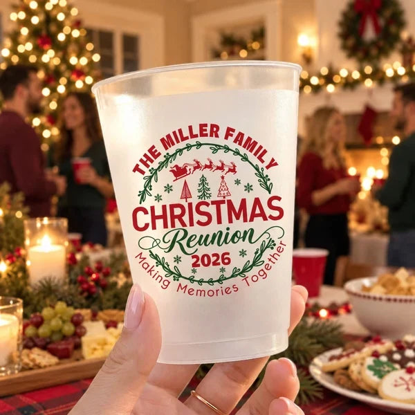 Custom Frosted Plastic Cup, Cozy Tree-Lit Family Gathering, Creative Christmas Gift