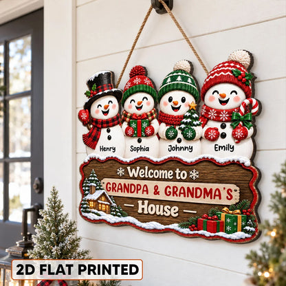 Personalized Snowman Family Wooden Sign, Snowy Cabin Door Decor, Unique Creative Gift for Grandparents