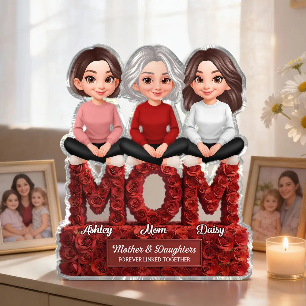 Shaped Acrylic Block Plaque for Mom, Personalized Mother and Kids Love Memory Decor with Rose MOM Design, Thoughtful Gift