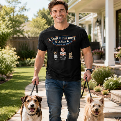 Personalized Classic Tee with Man & Dogs Artwork, Unique Creative Gift for Dog Dad Walks