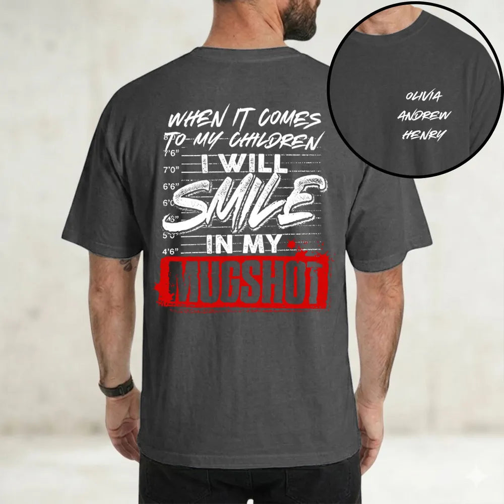 Personalized Smile In My Mugshot Dual Print Classic Tee, Protective Parent Humor, Creative Gift for Dad