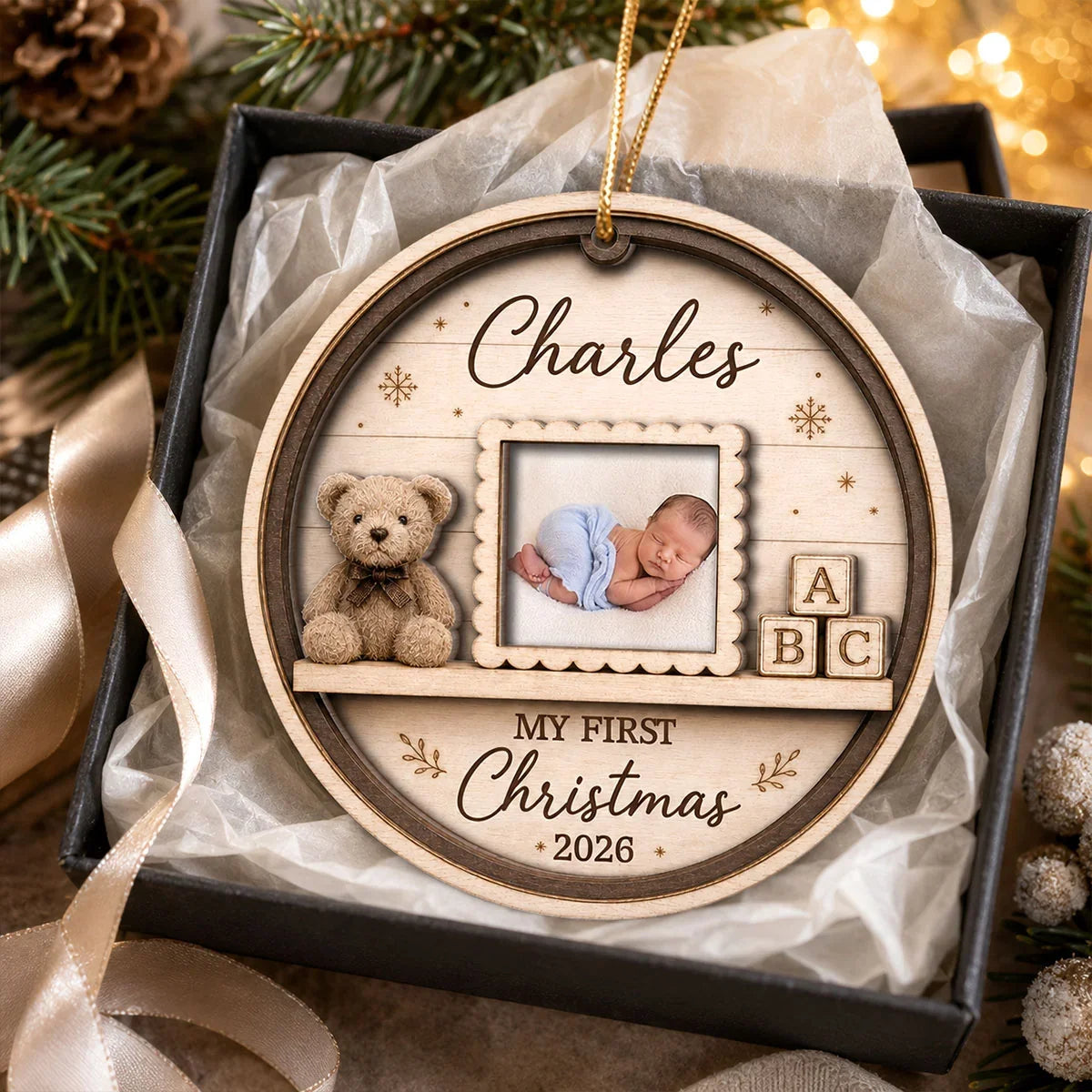 Personalized 2-Layer Wooden Ornament, Sleeping Baby Nursery Scene, Unique First Christmas Gift for New Parents