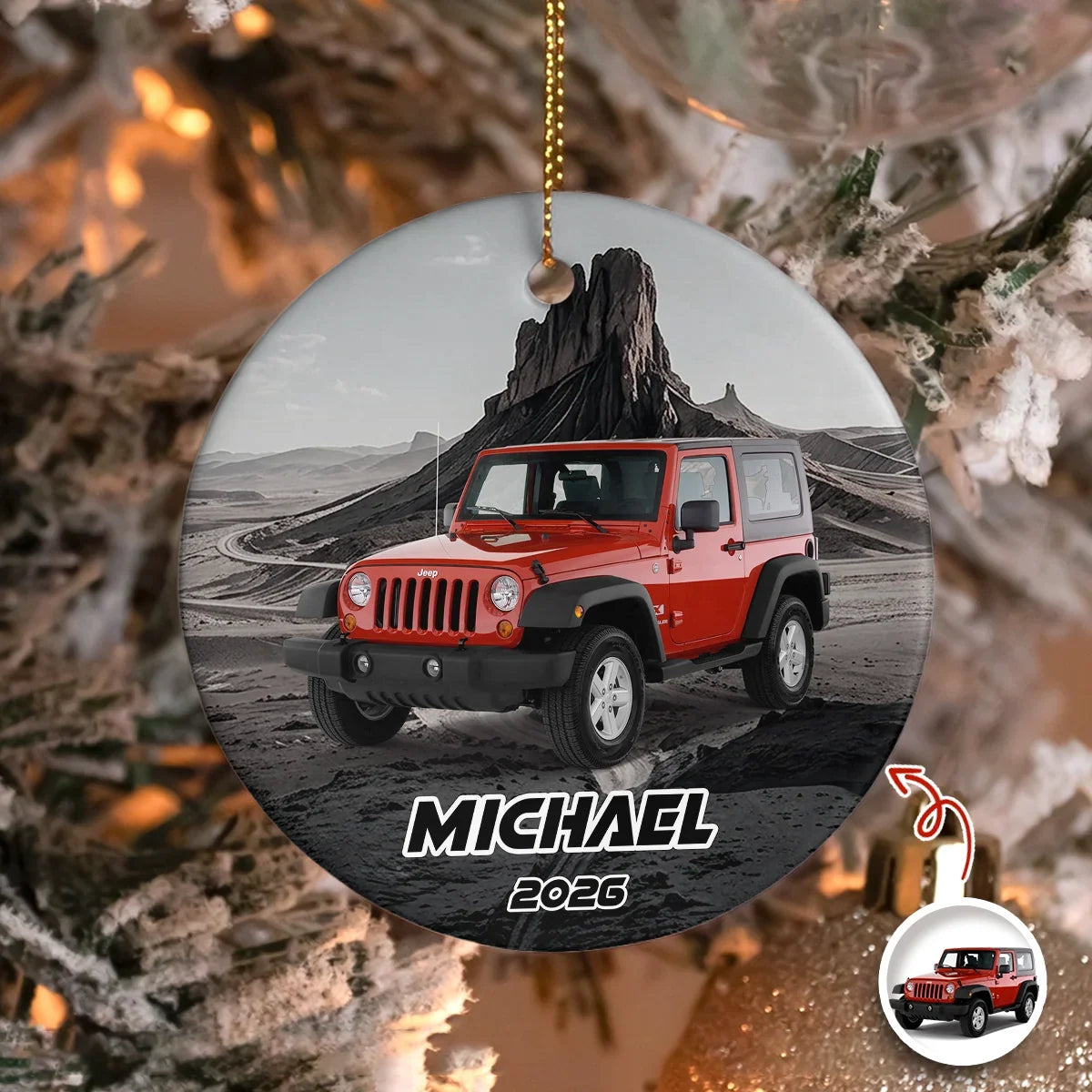 Personalized Ceramic Ornament with Red Off-Road Car on Desert Road, Unique Christmas Gift for Car Enthusiasts