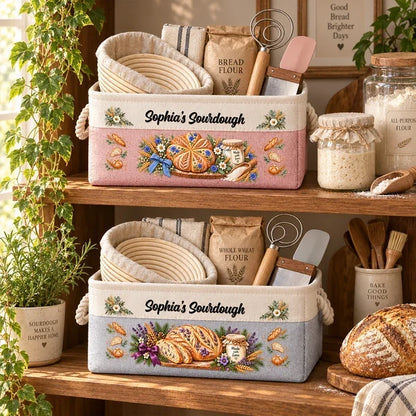 Personalized Rope Basket with Sourdough Art, Sunlit Kitchen Storage, Unique Gift for Home Bakers