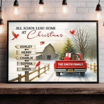 Personalized Family Christmas Poster – All Roads Lead Home at Christmas Red Truck Farmhouse Wall Art