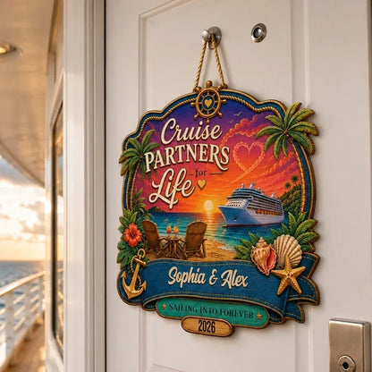 Personalized Wooden Sign, Cruise Partners for Life Tropical Sunset Decor, Unique Gift for Couples