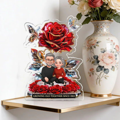 Personalized Shaped Acrylic Block Plaque with Rose Couple Illustration for Romantic Shelf Decor, Unique Gift for Him or Her