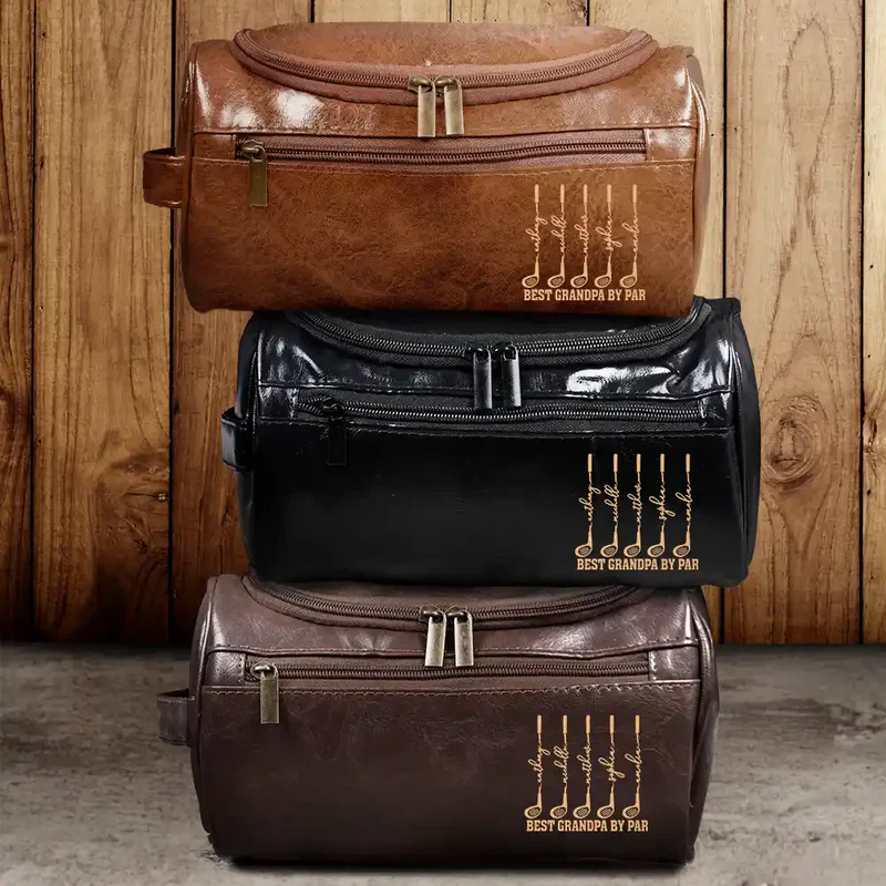 Personalized Leather Toiletry Bag for Dad, Golf Club Design, Unique Creative Gift for Travel