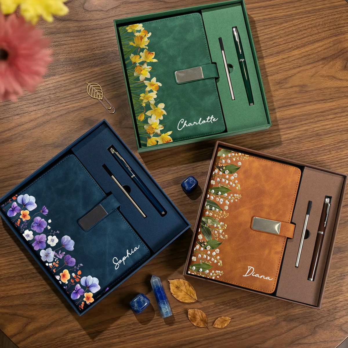 Custom Floral Metal Buckle Notebook Set with Name, Deep Navy Botanical Style, Thoughtful Gift for Daughter or Friend