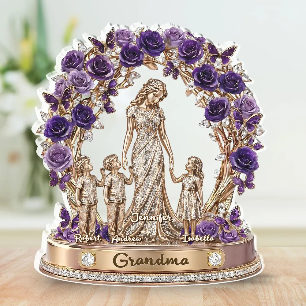 Personalized Shaped Acrylic Block Plaque with Grandma and Grandkids, Purple Rose Wreath Keepsake, Unique Gift for Grandma