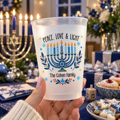 Personalized Hanukkah Cup with Blue Menorah and Peace Love & Light, Unique Family Gift