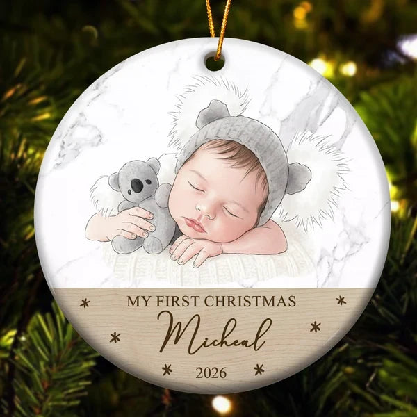 Personalized Ceramic Ornament, AI-Styled Smiling Baby Photo, First Christmas Keepsake, Unique Gift for Parents