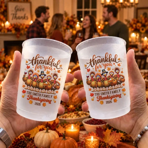 Personalized Frosted Plastic Cup, Thankful Turkey Design for Thanksgiving Dinner, Unique Family Gift