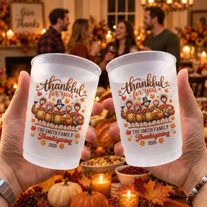 Personalized Frosted Plastic Cup, Thankful Turkey Design for Thanksgiving Dinner, Unique Family Gift