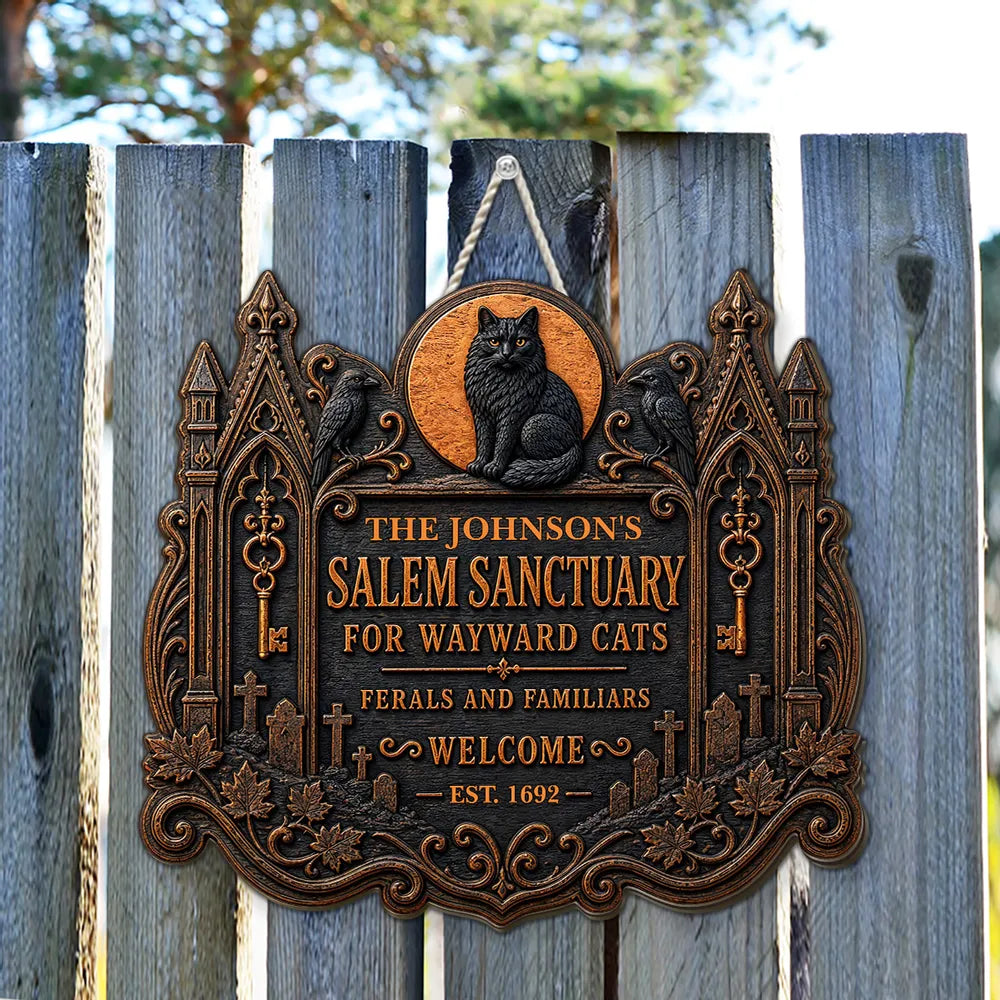 Wooden Sign with Black Cat and Ravens by a Haunted House, Personalized Welcome Decor, Creative Gift for Cat Owners