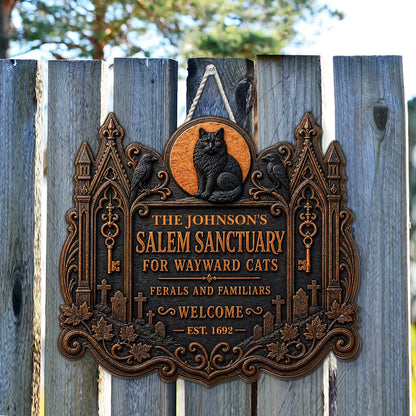 Wooden Sign with Black Cat and Ravens by a Haunted House, Personalized Welcome Decor, Creative Gift for Cat Owners