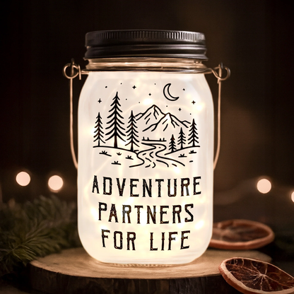 Personalized Solar Mason Jar Light with Adventure Partners For Life Hiking Couple Design - Unique Gift for Couples