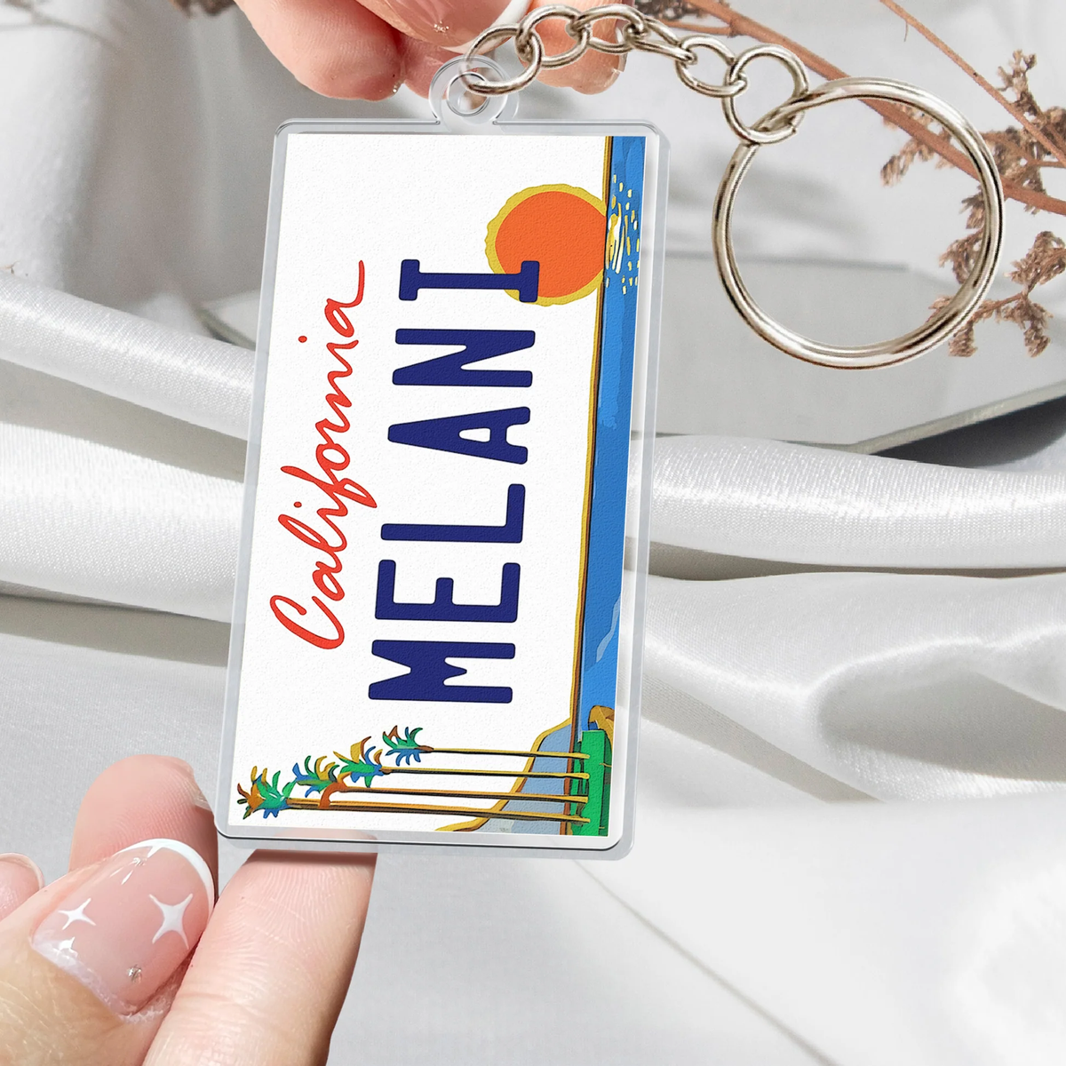 State License Plate Acrylic Keychain, California MELANI Design, Beach Sunset Style, Unique Travel Gift