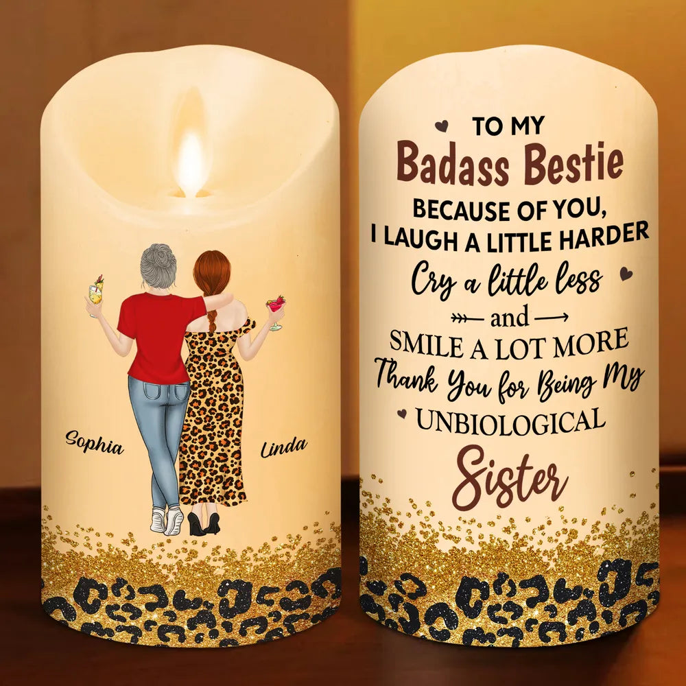 Flameless LED Candle for Best Friend - Custom Art, Warm Glow, Because of You message - unique creative gift