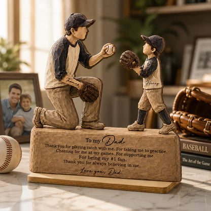 Personalized 2-Layer Wooden Plaque, Sunlit Baseball Dad & Child Catch Scene, Unique Gift for Dad