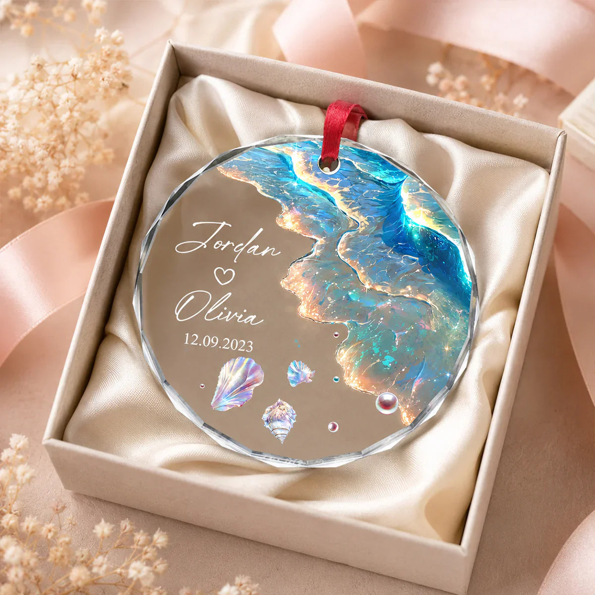 Custom Crystal Ornament for Couple, Romantic Coastal Keepsake with Wedding Portrait Look, Creative Gift